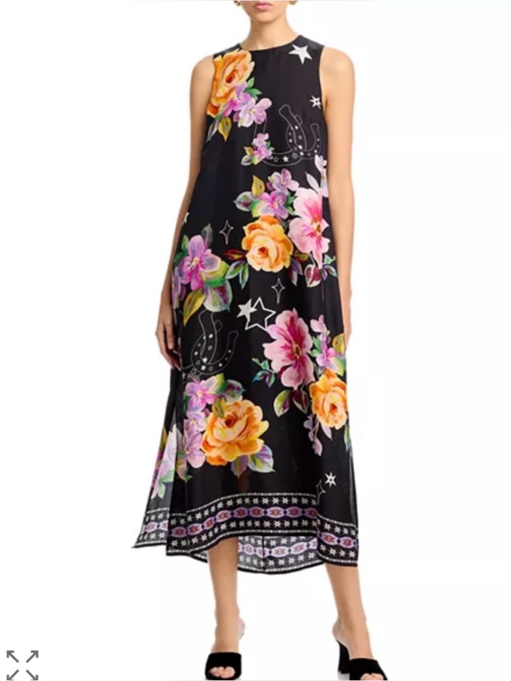 Johnny Was Black Midi Dress with Yellow, Pink & Purple Floral Print